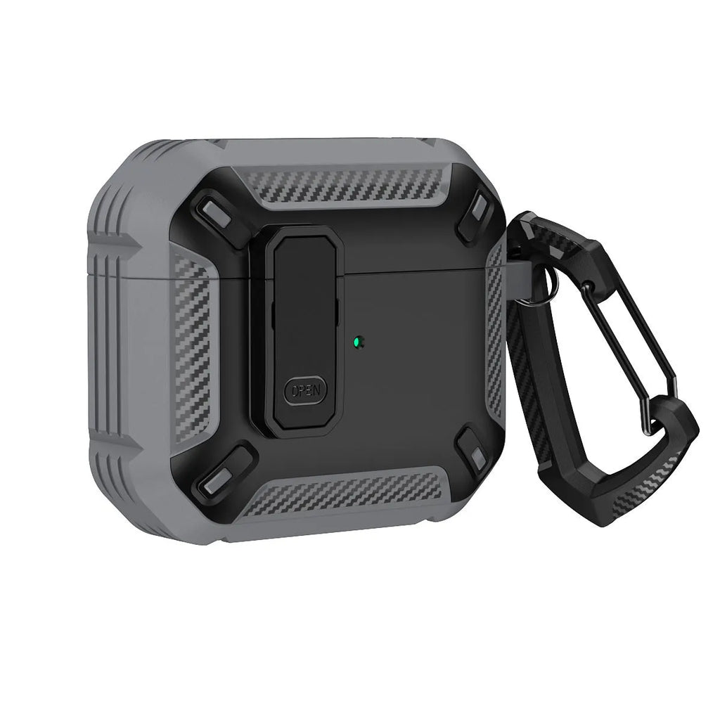 Two-tone plastic clamshell case for AirPods earbuds with carrying hook