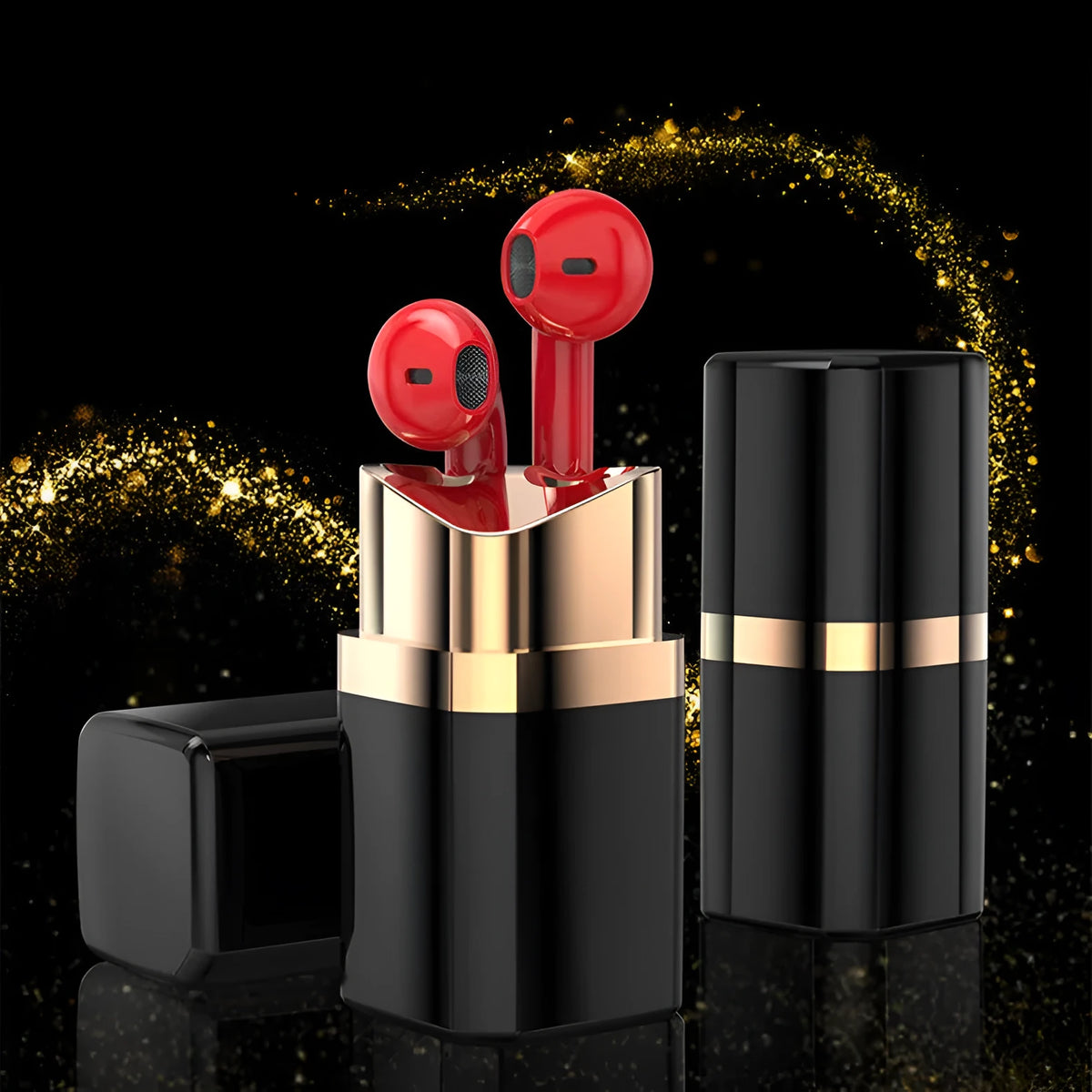 Lipstick-shaped Bluetooth earphone in black, pink, purple or white with curved earbuds and compact charging case