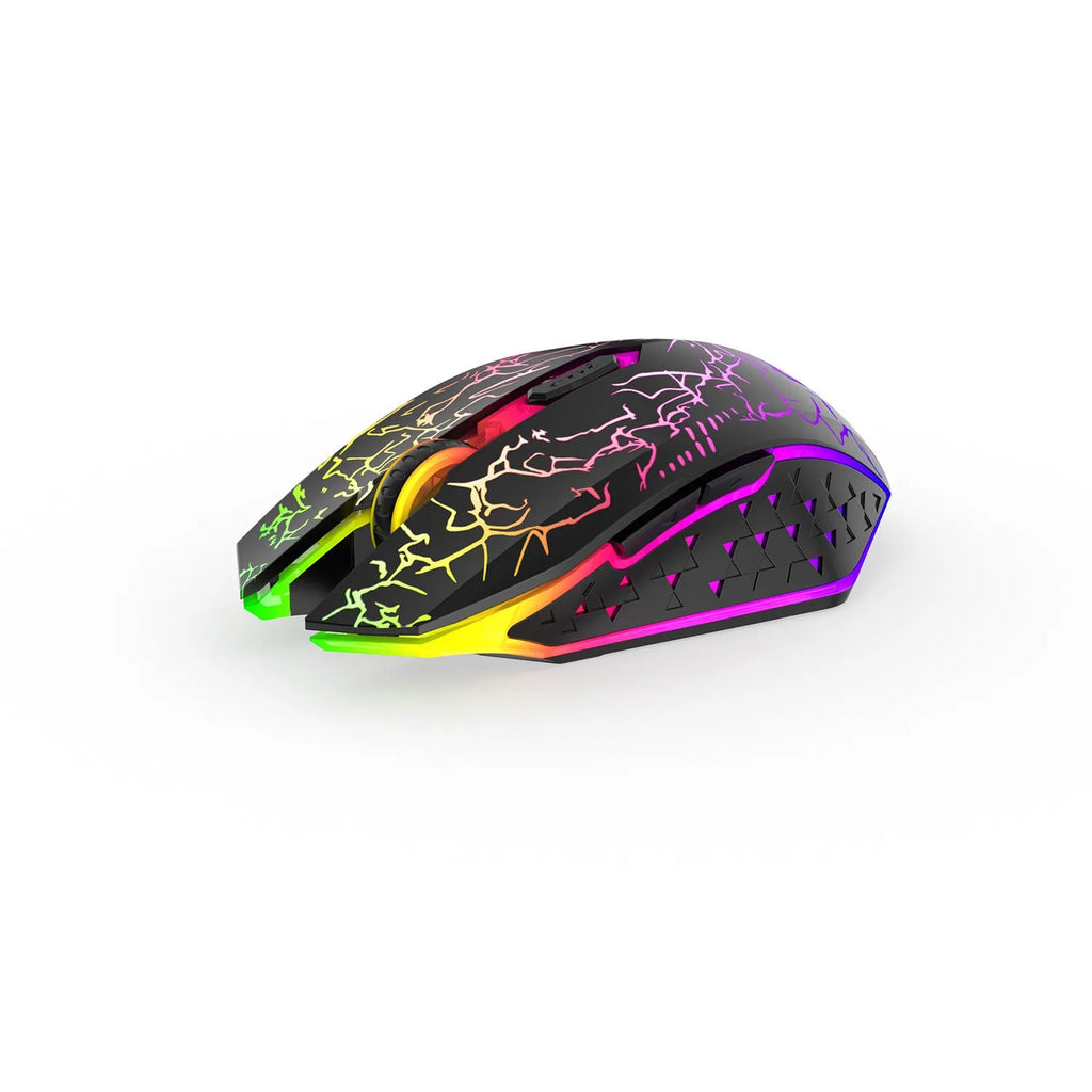 Black and white wireless gaming mouse with breathing lights and USB charging cable on desktop