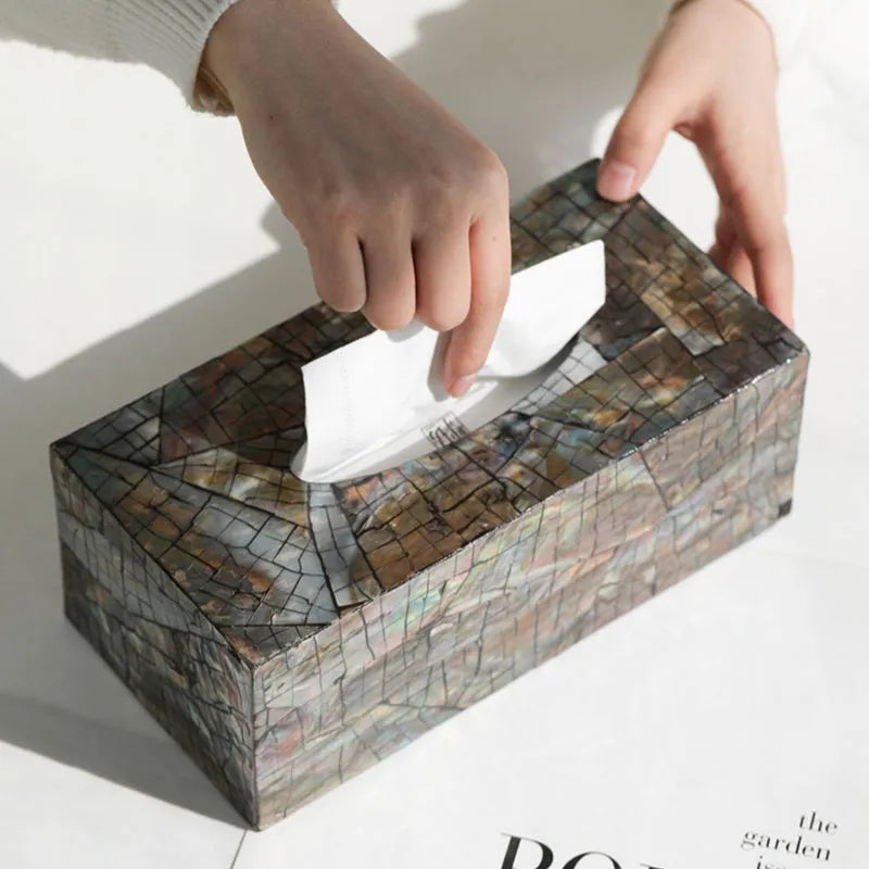 Black shell tissue box storage container with modern design on coffee table