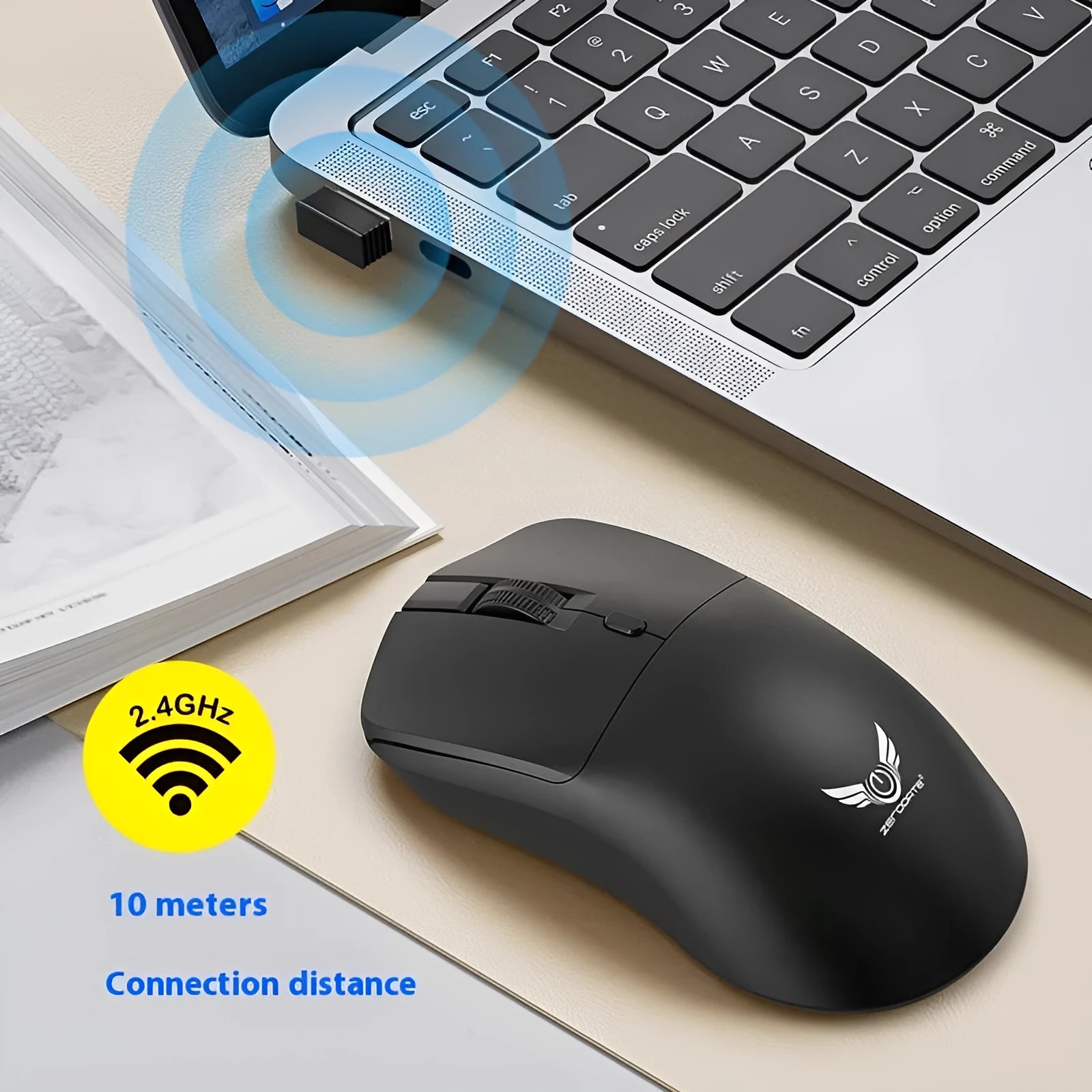 Black wireless computer mouse with three-gear audio button for laptop use