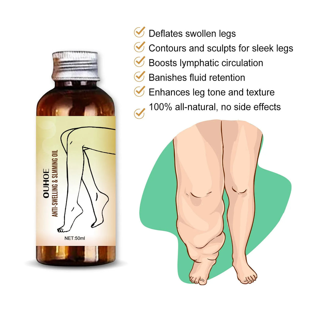 50ml bottle of moisturising body care essential oil for leg massage with botanical extracts