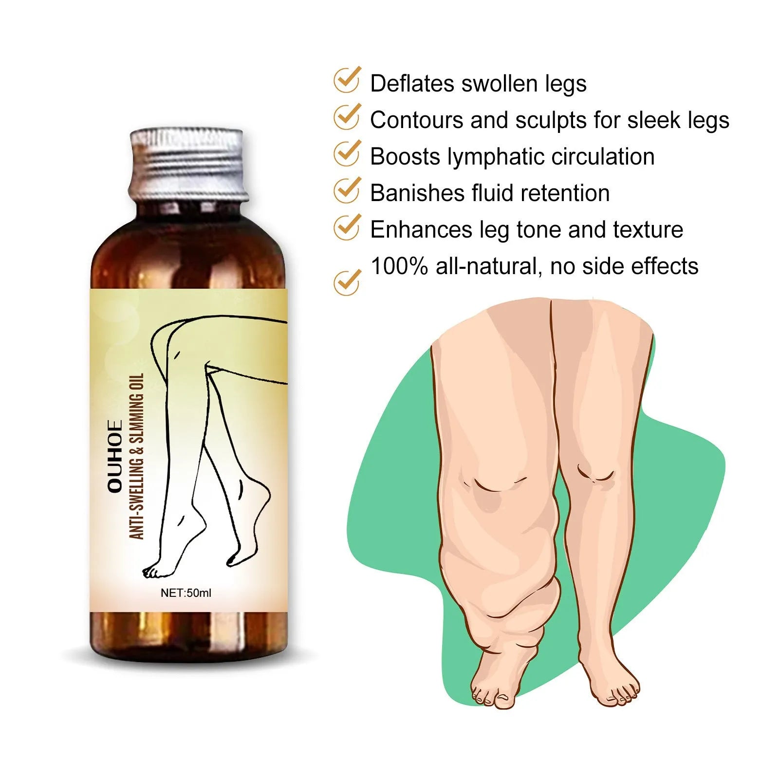 50ml bottle of moisturising body care essential oil for leg massage with botanical extracts