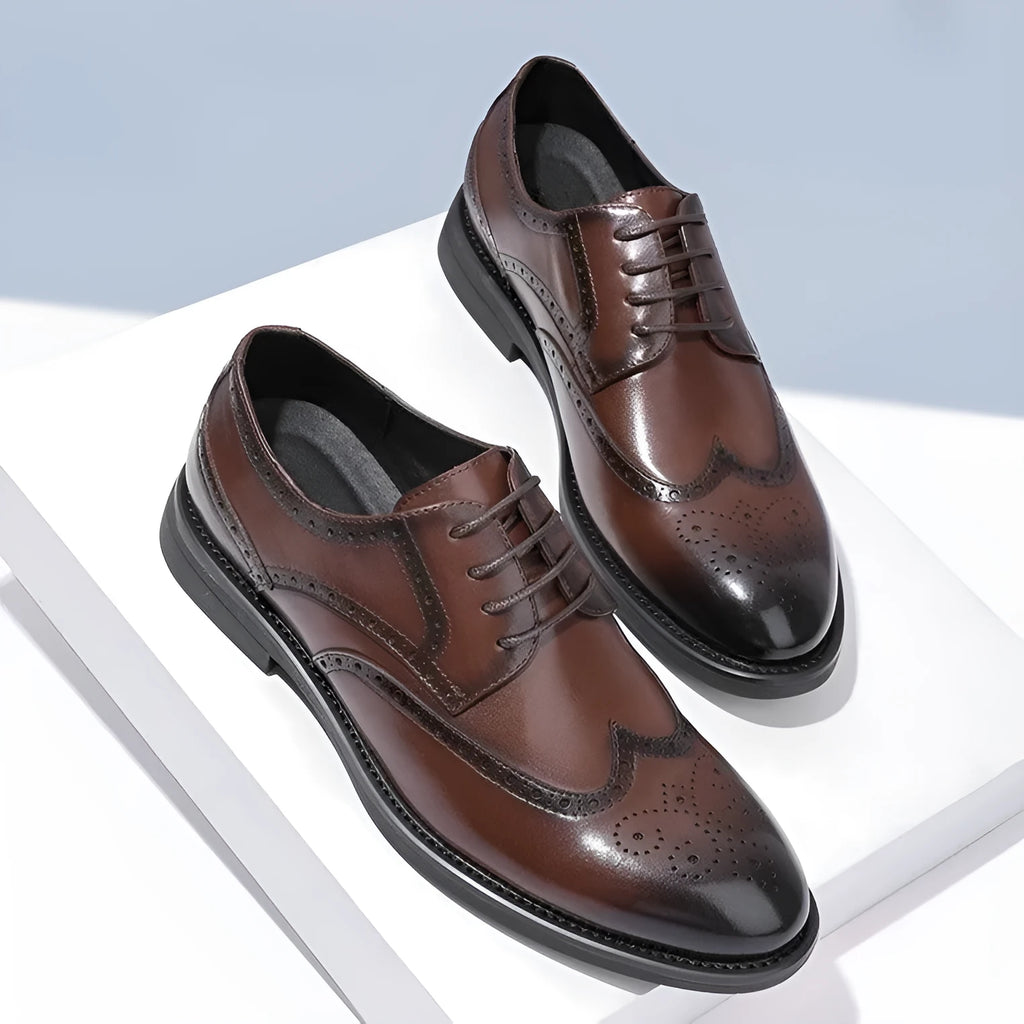 Men's black and brown PU leather brogue shoes for formal business wear.