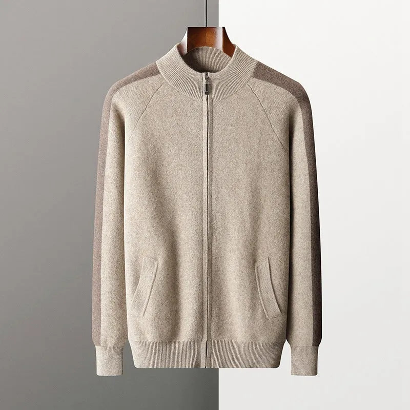 Men's camel coloured cashmere wool blend half turtleneck zipper cardigan and matching trousers winter sports suit