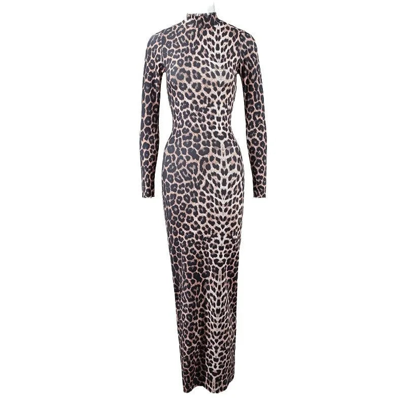 Leopard print long sleeve dress with stand collar and high waist design