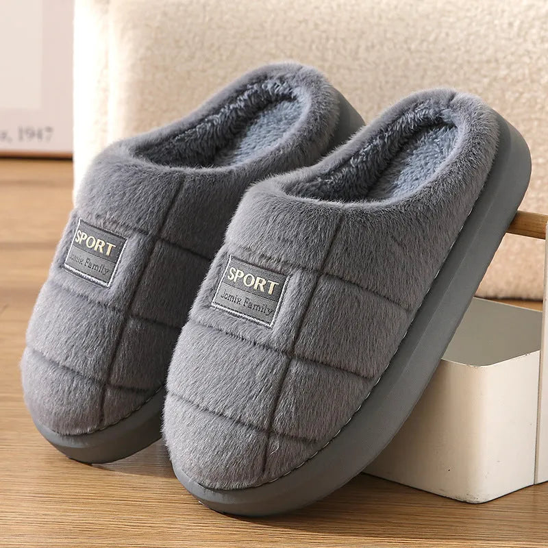 Men's grey and brown plaid winter slippers with rabbit hair upper and thick sole.