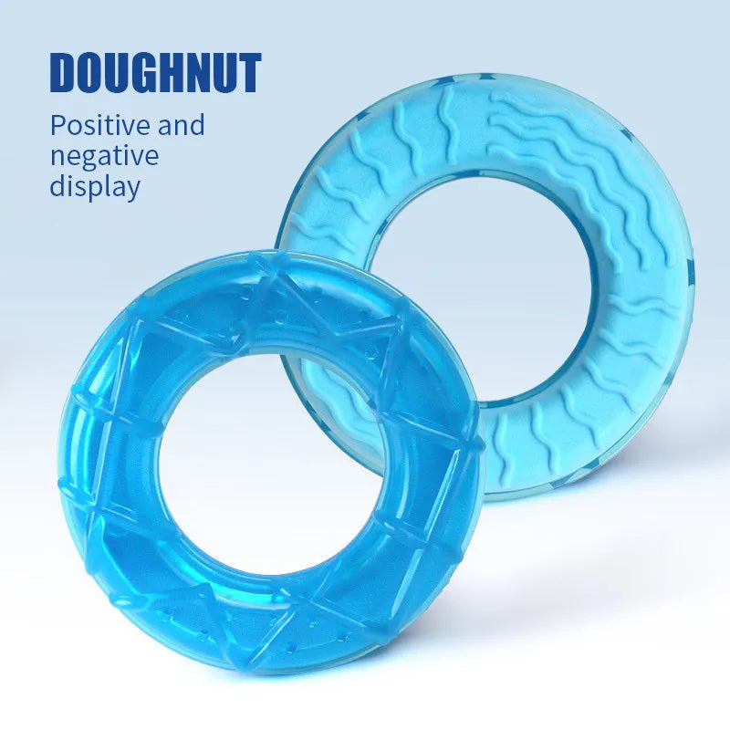 Three water-filled dog cooling toys: pacifier, popsicle and ring shapes for summer heat relief