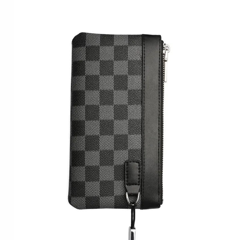 Men's black leather plaid clutch wallet showing 20x10cm dimensions and top layer cowhide texture