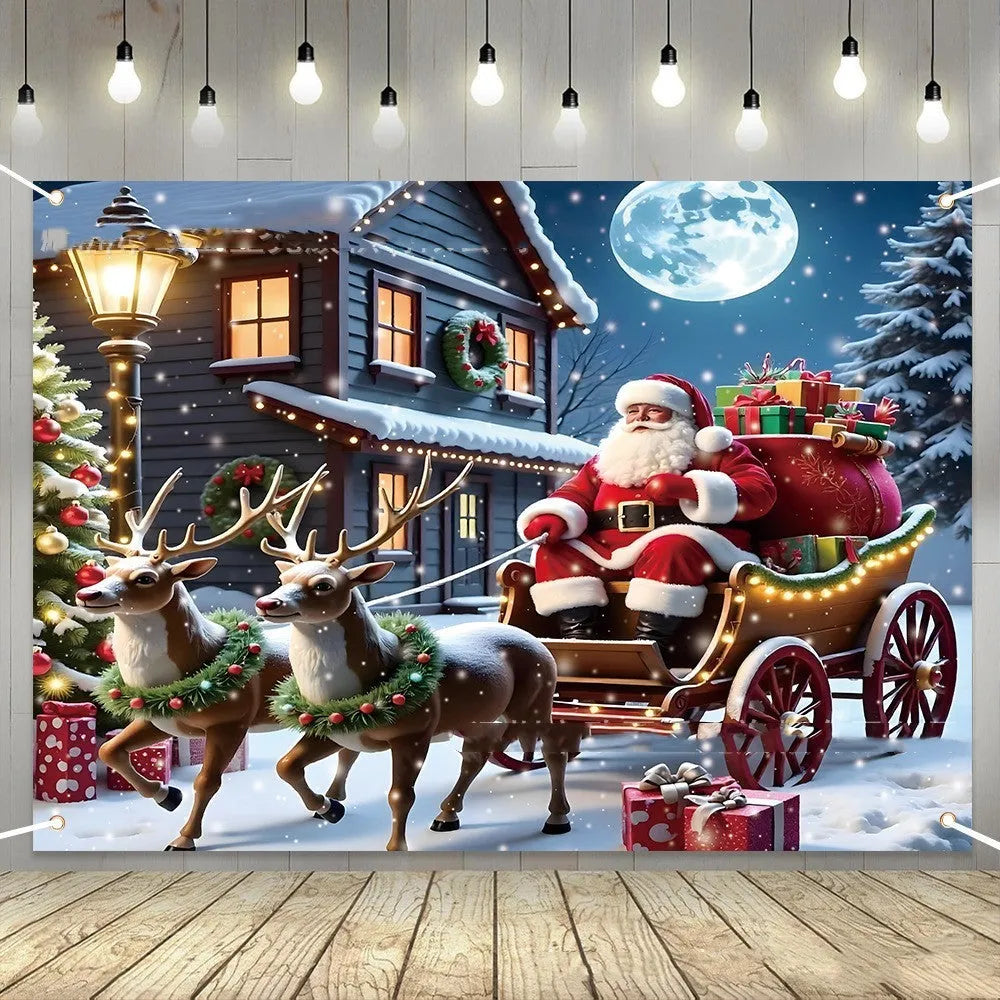 Large red Christmas banner with Santa Claus and gifts on a night scene, measuring 210cm by 150cm.
