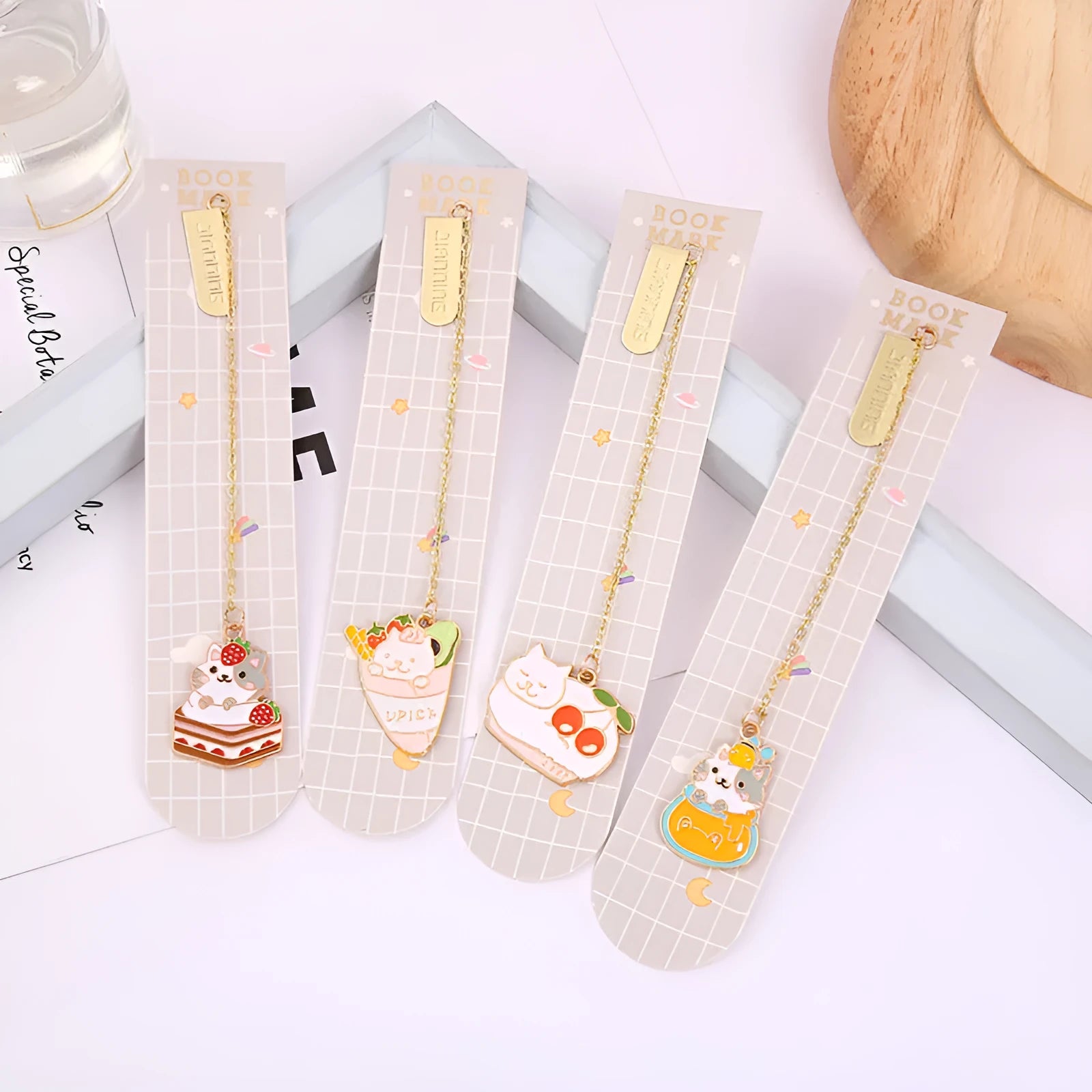 Jane Lime metal cat bookmark with PVC laminated card in four anime designs including Strawberry Cake Cat variation