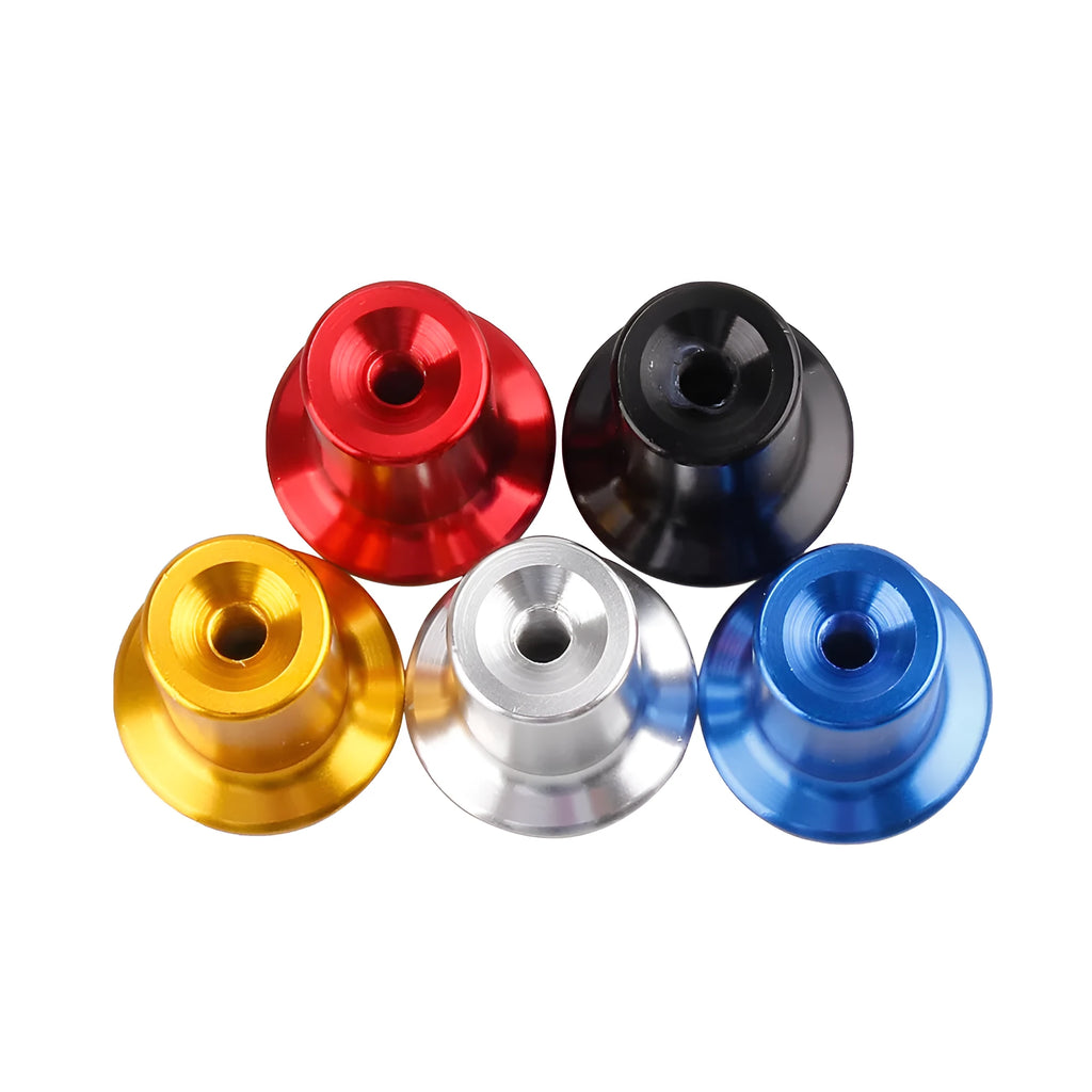 Aluminium alloy hydraulic handbrake release button cap in gold, silver, black, blue, and red colours.