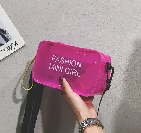 Transparent square jelly shoulder bag in hard PC material with adjustable strap and fresh sweet design
