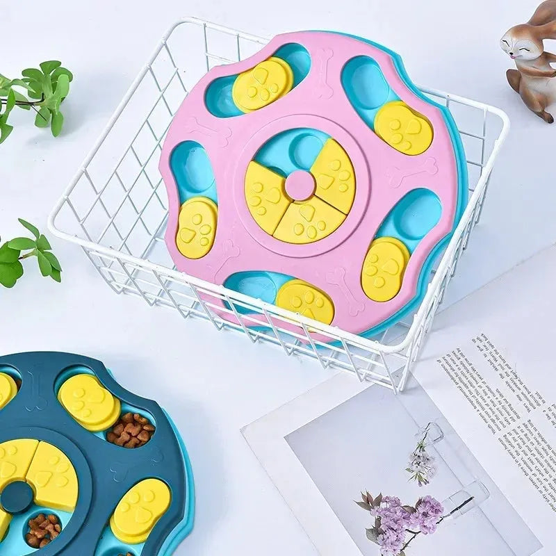 Blue and pink dog puzzle toy bowl for interactive feeding games and aggressive chewers