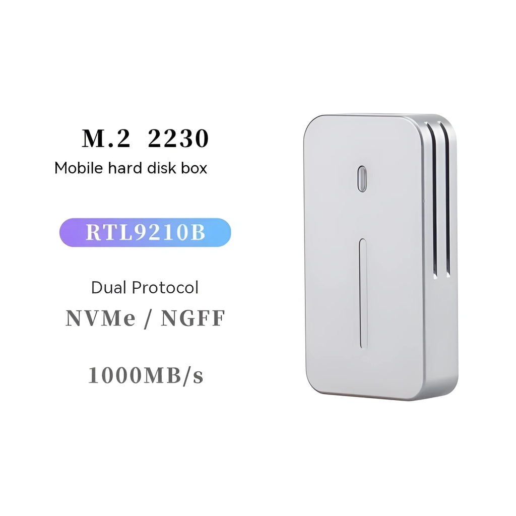 Aluminium alloy M.2 NVMe and SATA external SSD enclosure with USB-C port, measuring 5.2cm by 2.8cm.