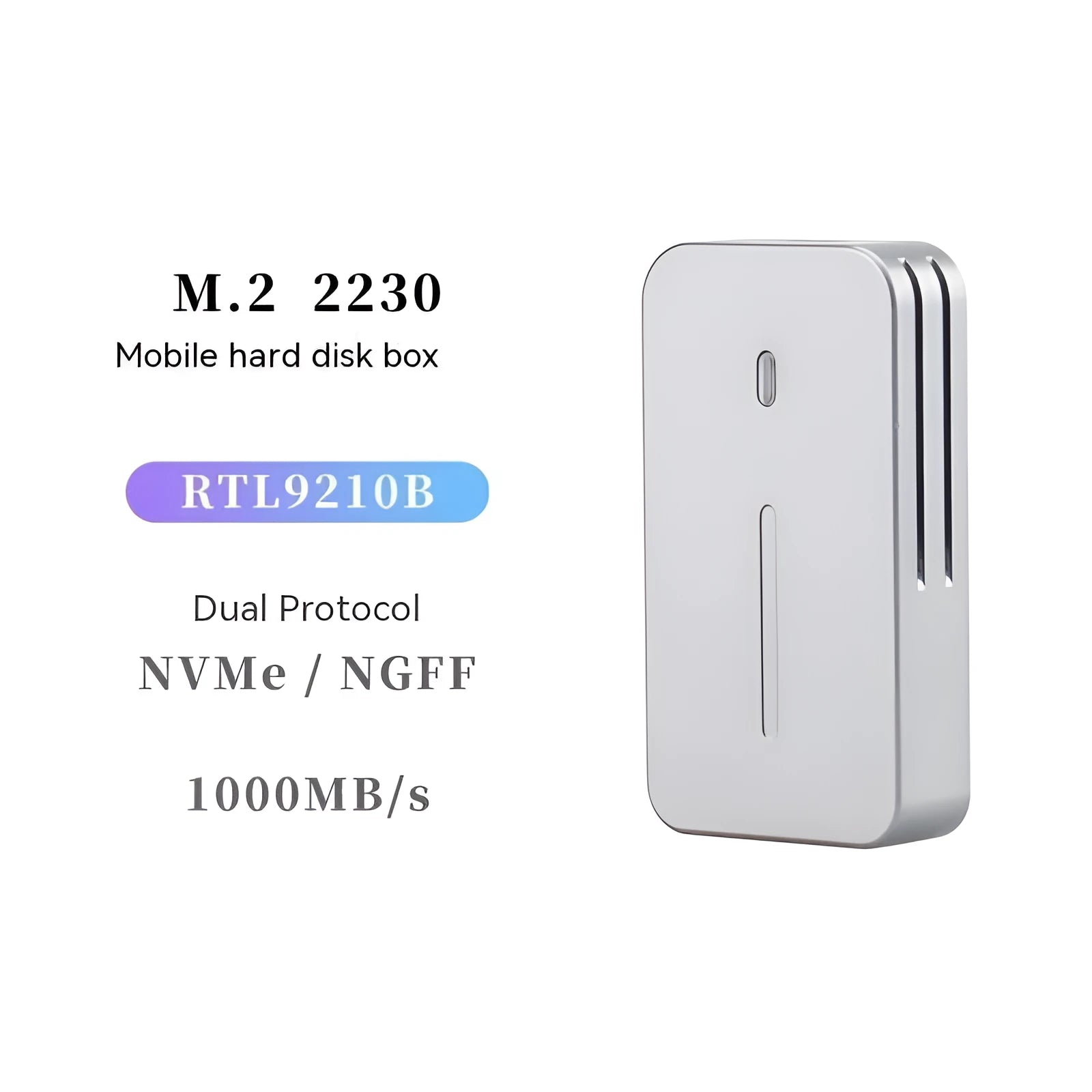 Aluminium alloy M.2 NVMe and SATA external SSD enclosure with USB-C port, measuring 5.2cm by 2.8cm.