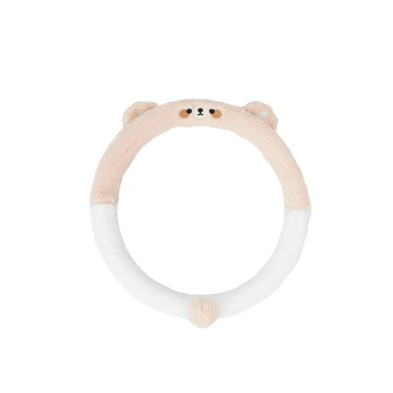 Plush winter car steering wheel cover with rabbit fur embroidered cartoon animal design, 38cm fit.