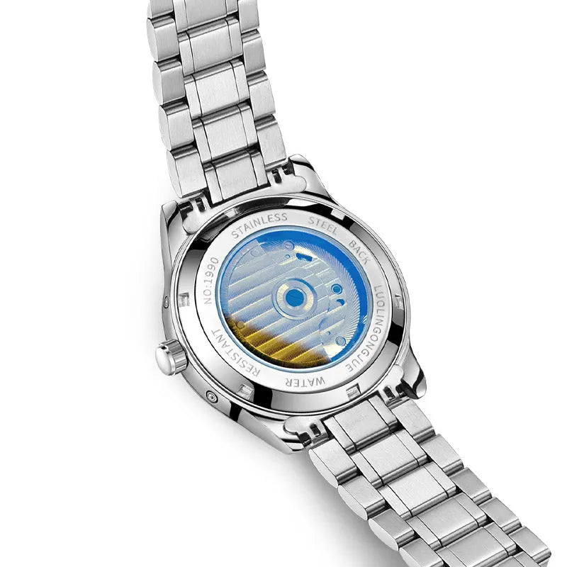 Men's mechanical business watch with hollow design showing movement and sapphire crystal glass