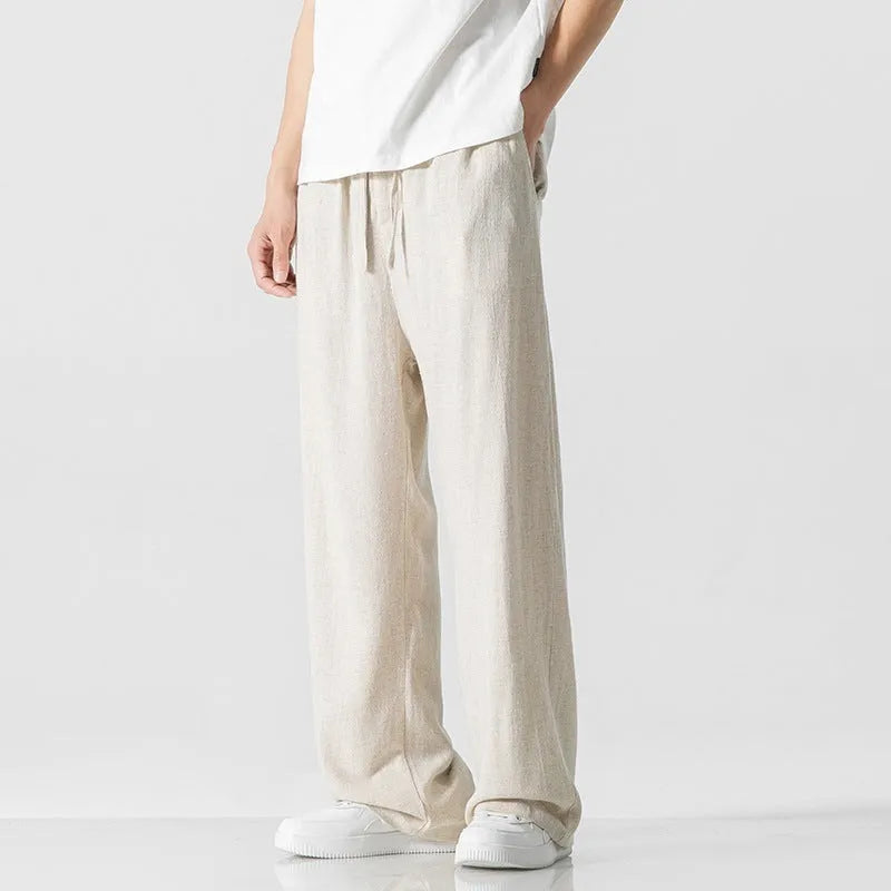 Men's bamboo fibre summer trousers in cropped straight-leg style with drawstring waistband