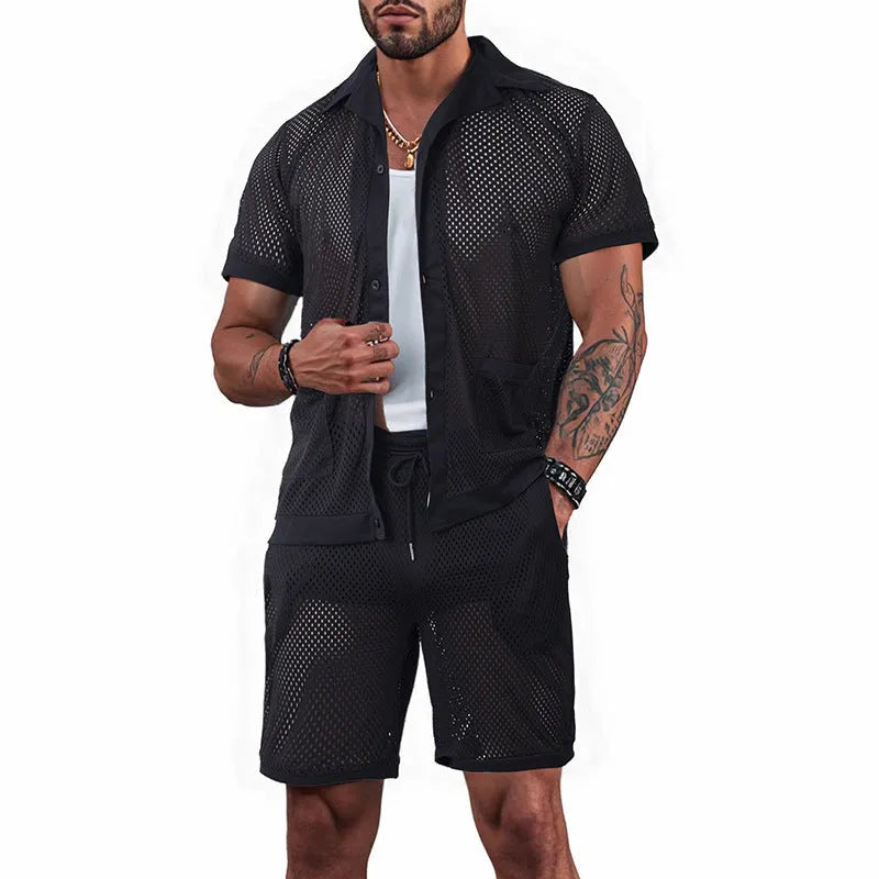 Design Beach Hawaii women's see-through short sleeve cardigan and shorts suit in lake blue.