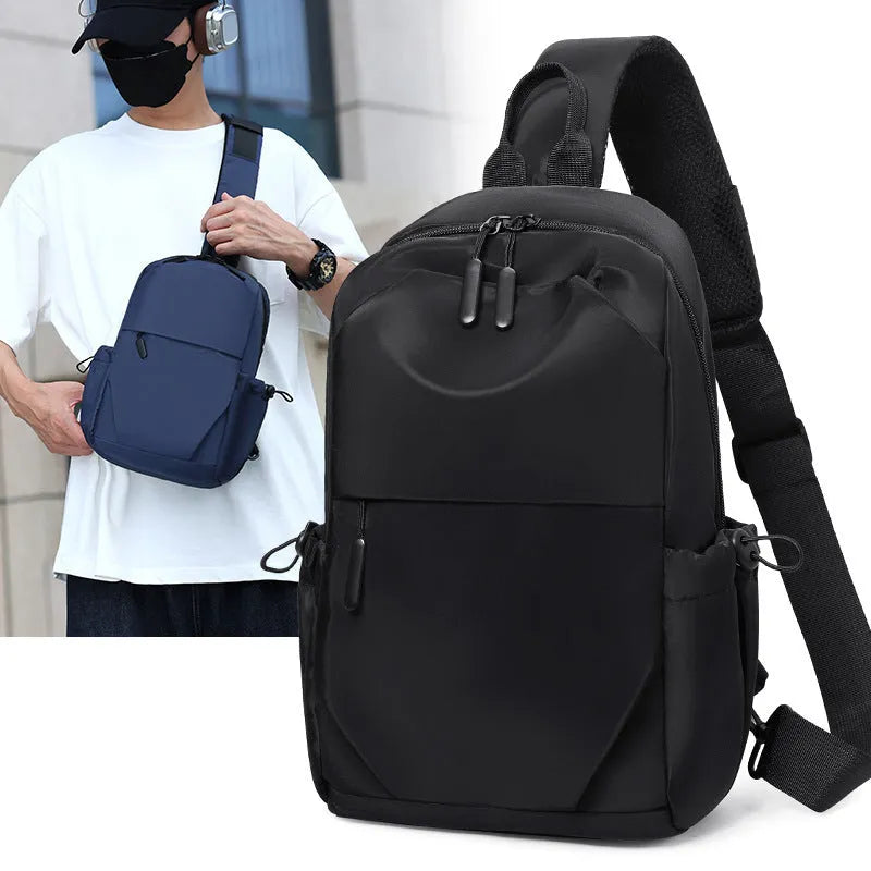 Men's grey waterproof chest bag showing dimensions and polyester lining interior