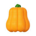 Orange plastic pumpkin dog toy with a bite molar texture and a rope attached for throwing.