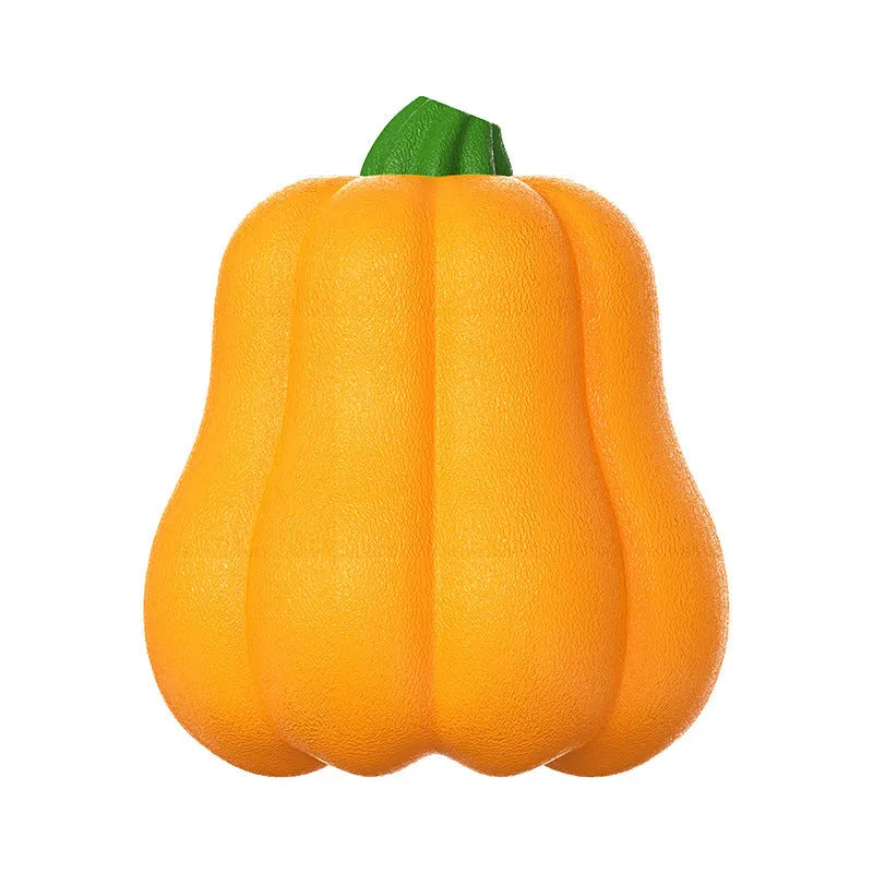 Orange plastic pumpkin dog toy with a bite molar texture and a rope attached for throwing.