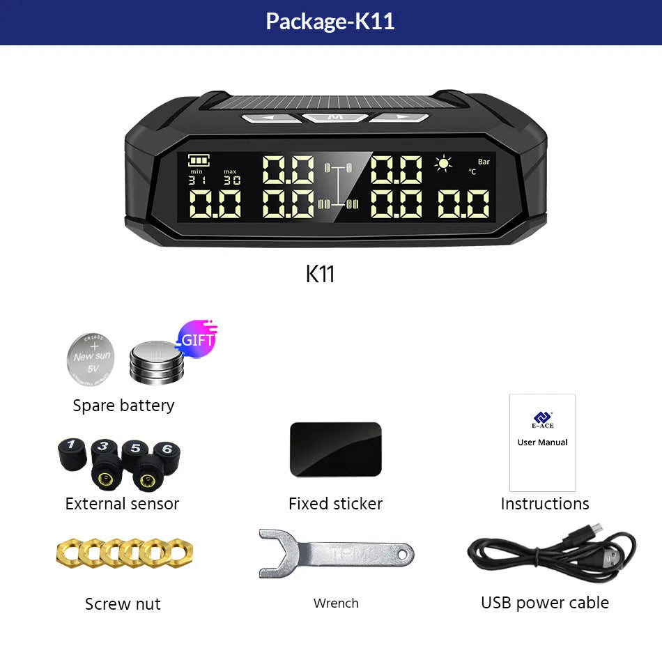 Solar external tire pressure monitor display unit with colour screen for six-wheel trucks