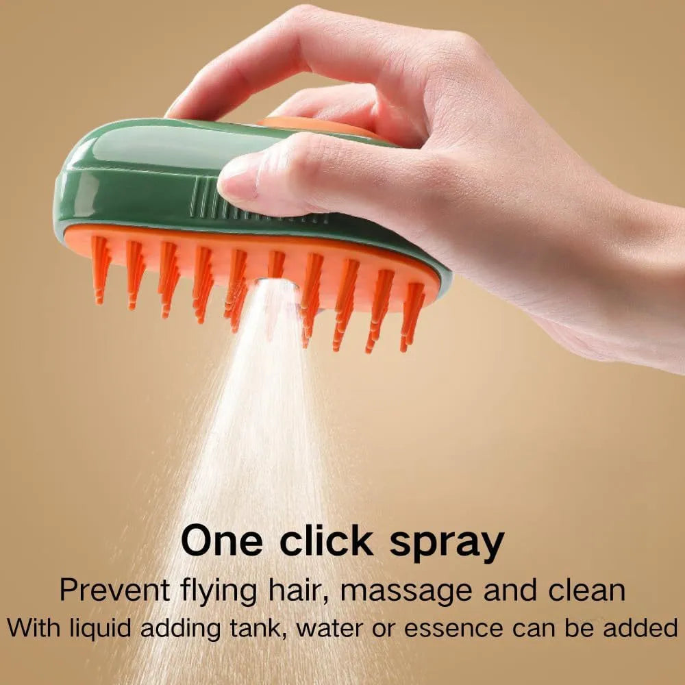 Green and white cat steam brush with water spray function and silicone bristles for pet grooming