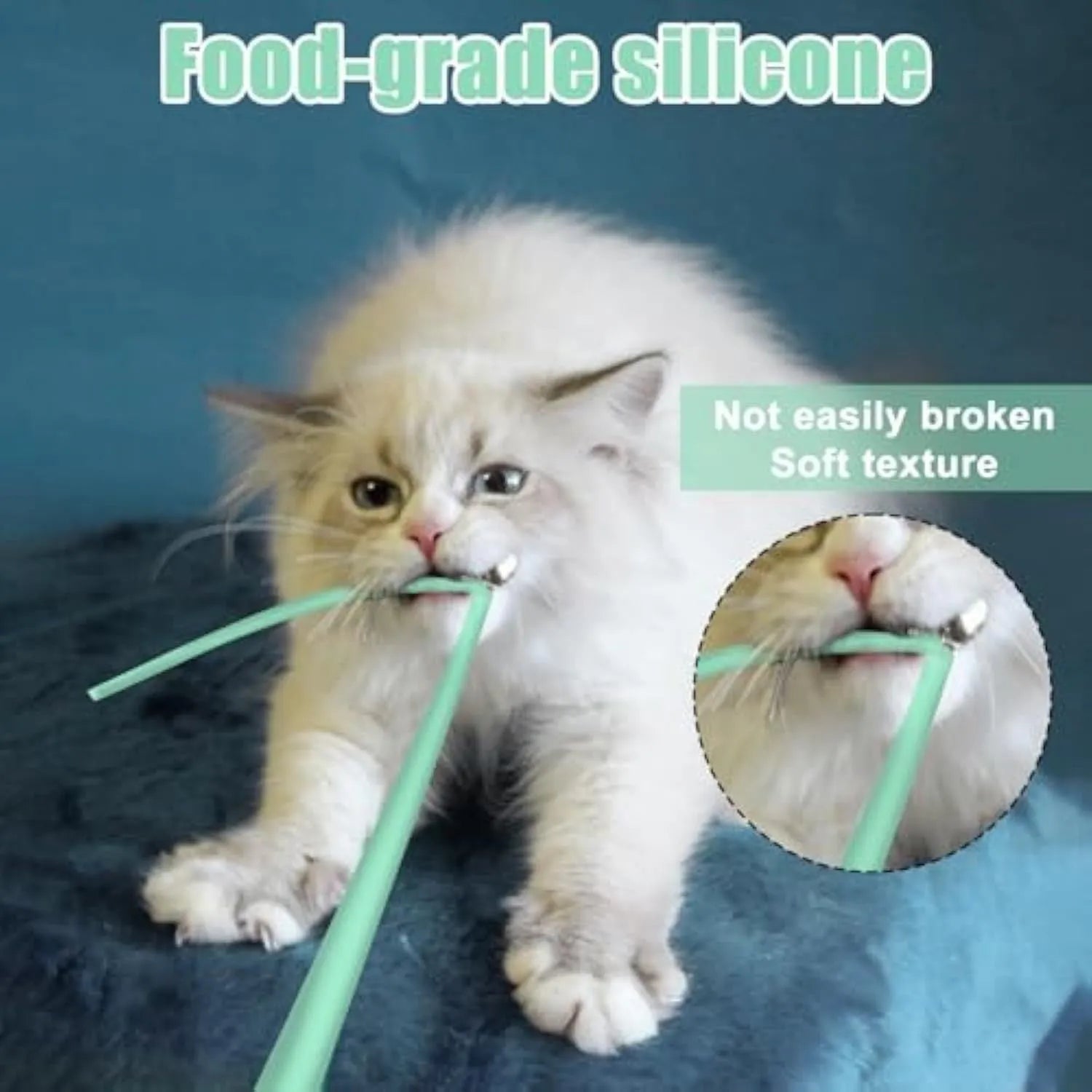 Green automatic cat wand toy with a swinging silicone tail on a white background.