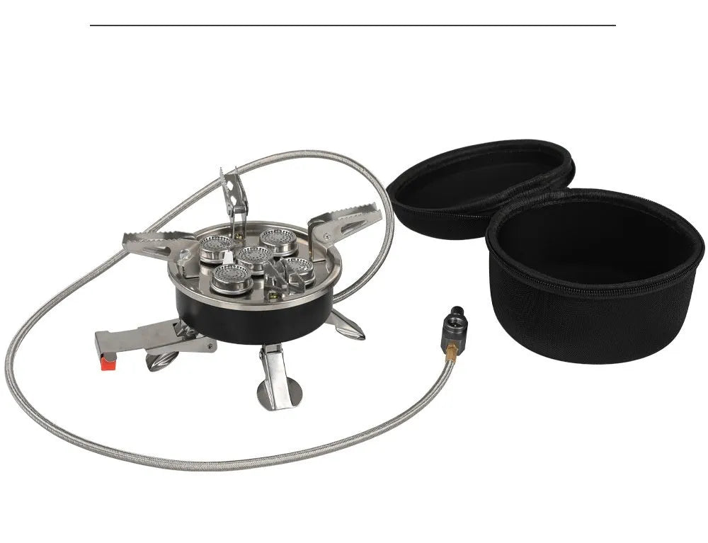 Silver portable split camping stove with stainless steel body and a long black hose, shown folded.