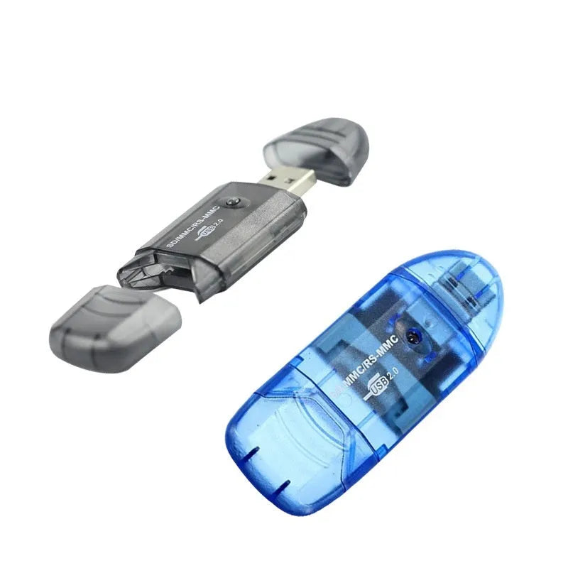 Transparent plastic USB card reader with LED light, showing memory card slots and USB connector.