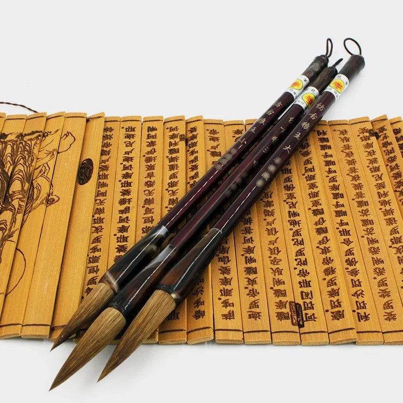 Longfeng steel rod calligraphy brush set with Wolf Hao nibs in large, medium, and small sizes.