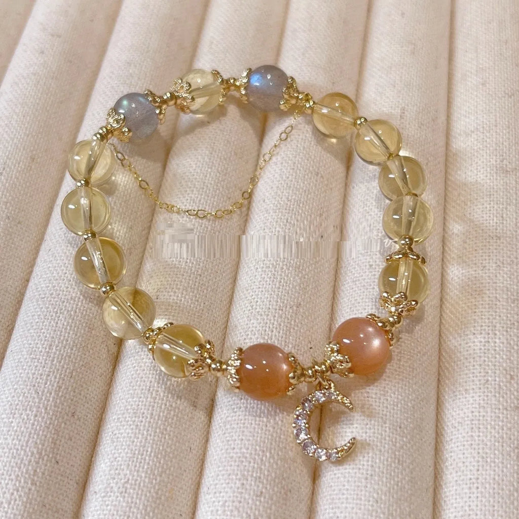 Women's Chinese-style crystal bracelet with 14K gold electroplated finish and diamond-shaped citrine moon design