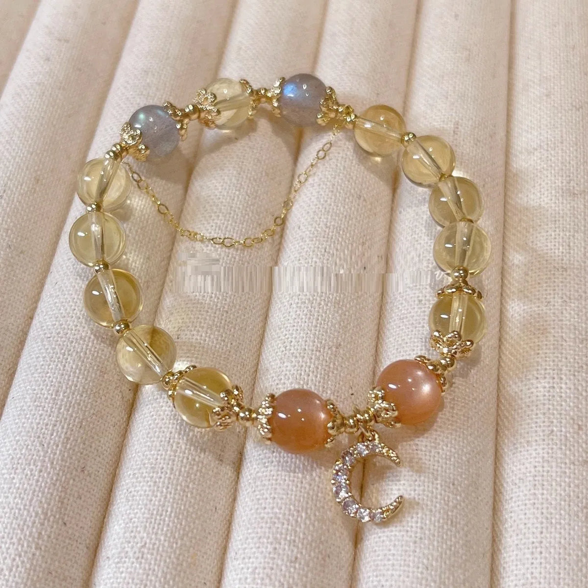 Women's Chinese-style crystal bracelet with 14K gold electroplated finish and diamond-shaped citrine moon design