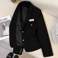 Black women's short suit coat with regular sleeves and pocket details