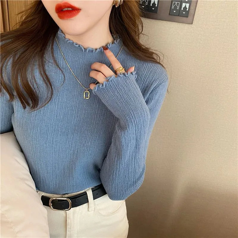 Women's half turtleneck bottoming shirt with princess sleeves, 100% polyester, in apricot, black, blue, brown, pink, sunset yellow, or white.