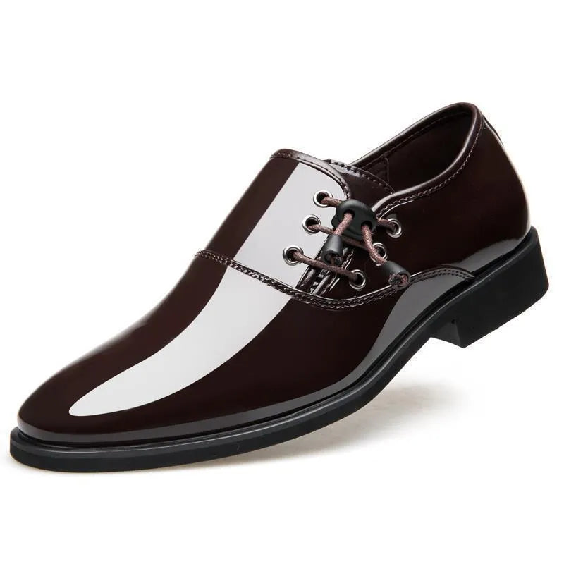 Men's black and brown business formal shoes with a square rubber heel and round toe.