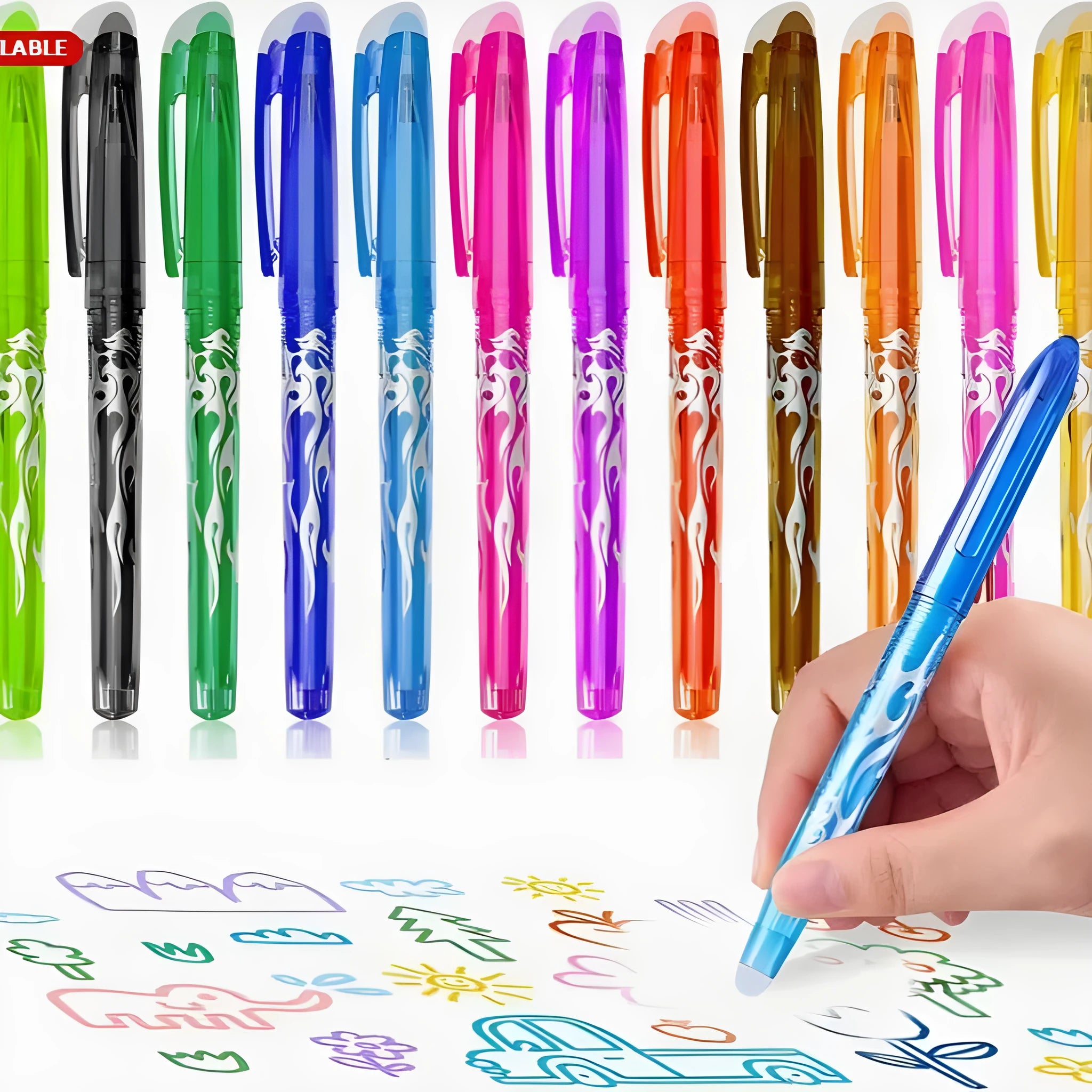 Heat-erasable gel pen with stainless steel nib in 0.5mm or 0.7mm sizes and water-based paint ink