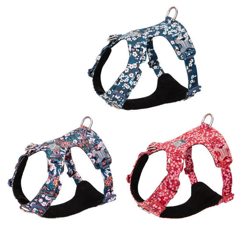Floral print pure cotton dog harness and lead set with chest strap, shown in red.