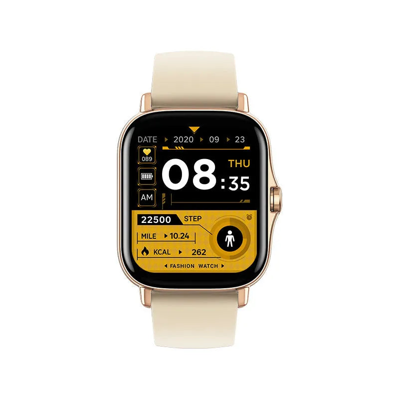 GT20 smart Bluetooth fitness watch with 1.75-inch touchscreen displaying heart rate monitor interface