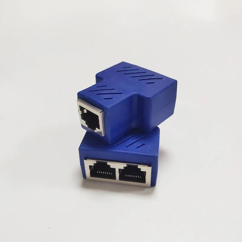 RJ45 network cable splitter in multiple colours showing tee adapter design with three ports