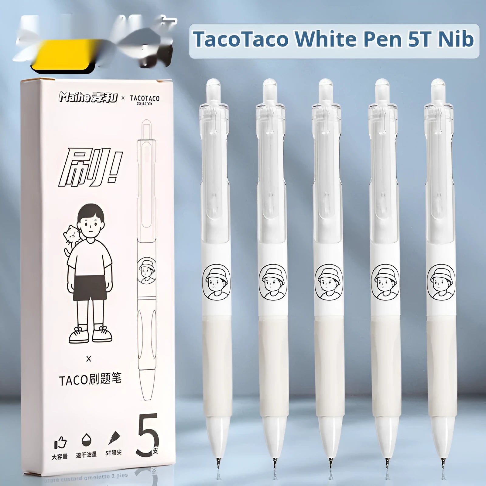 Five white and black 0.5mm ballpoint pens with quick-drying black ink for student writing