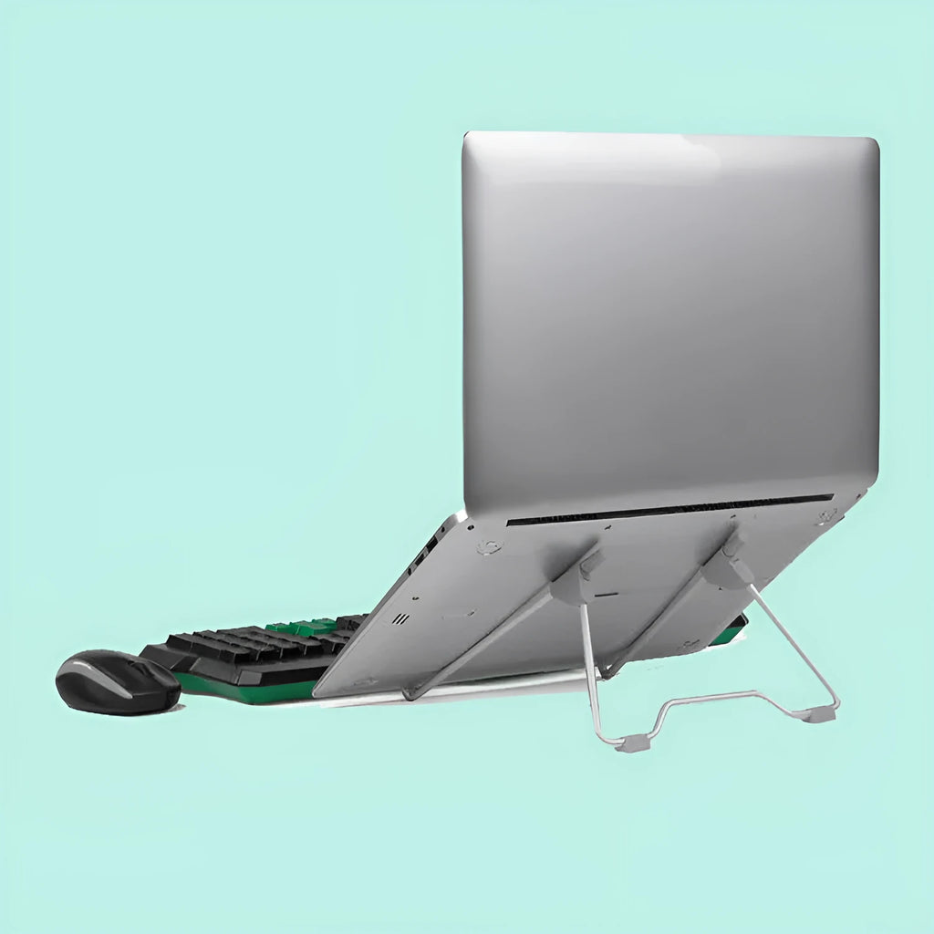 Grey aluminium alloy and plastic mobile phone stand holding a smartphone and tablet at an angle.