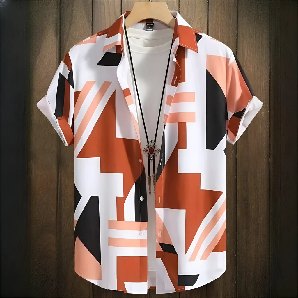 Men's camouflage pattern short sleeve shirt with 3D digital printing detail on elastic polyester fabric