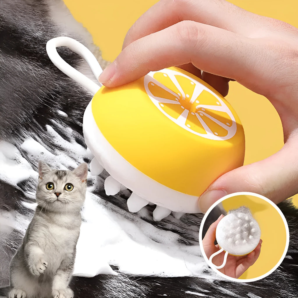 Yellow silicone pet bath brush with massage head and comb for dogs and cats