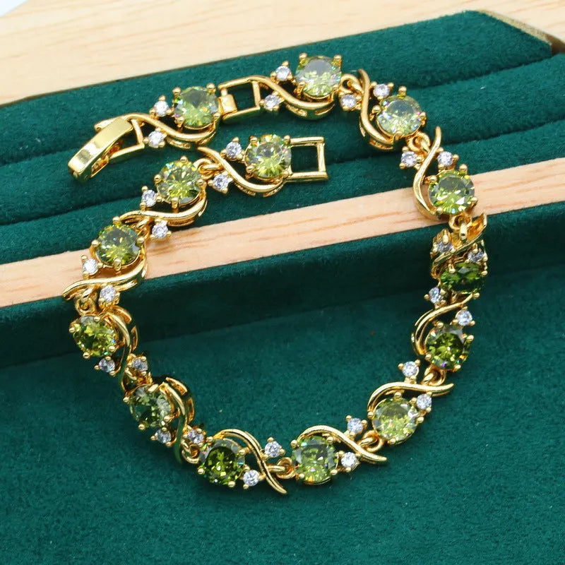 Full rhinestone zircon women's jewellery set with necklace, earrings and ring in olive green or red