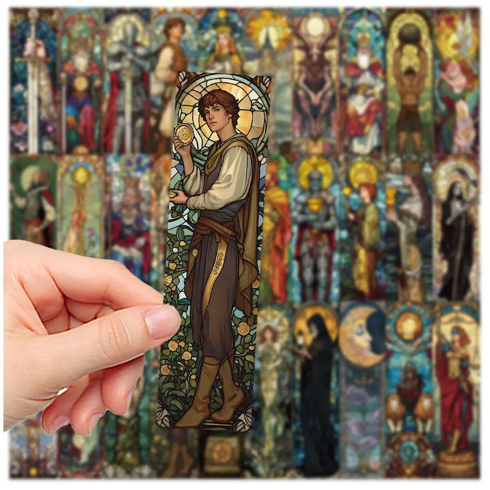 Set of 30 colourful paper bookmarks with painted glass tarot illustrations in a cute homemade style.