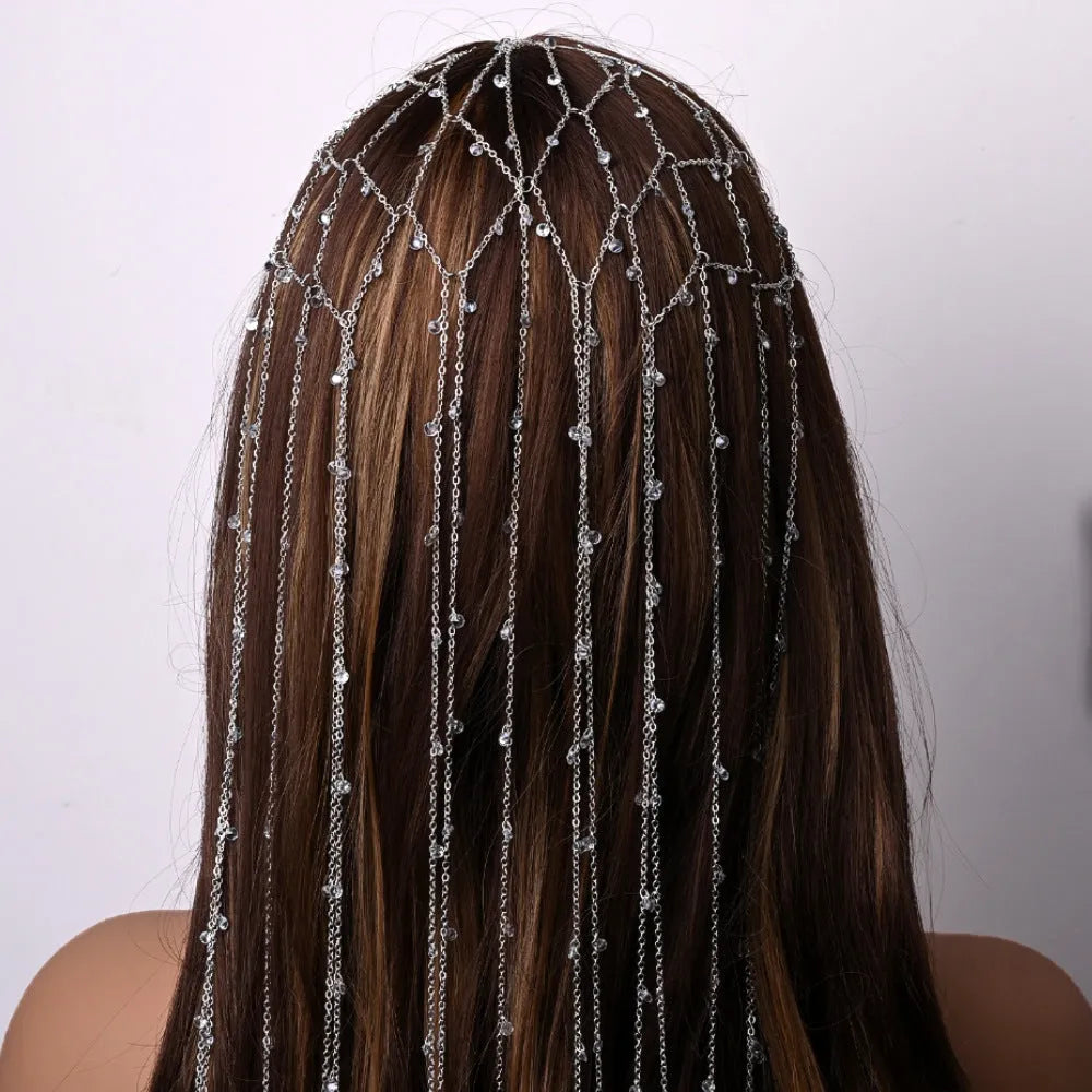 Gold or silver mesh tassel rhinestone hair band decorative accessory