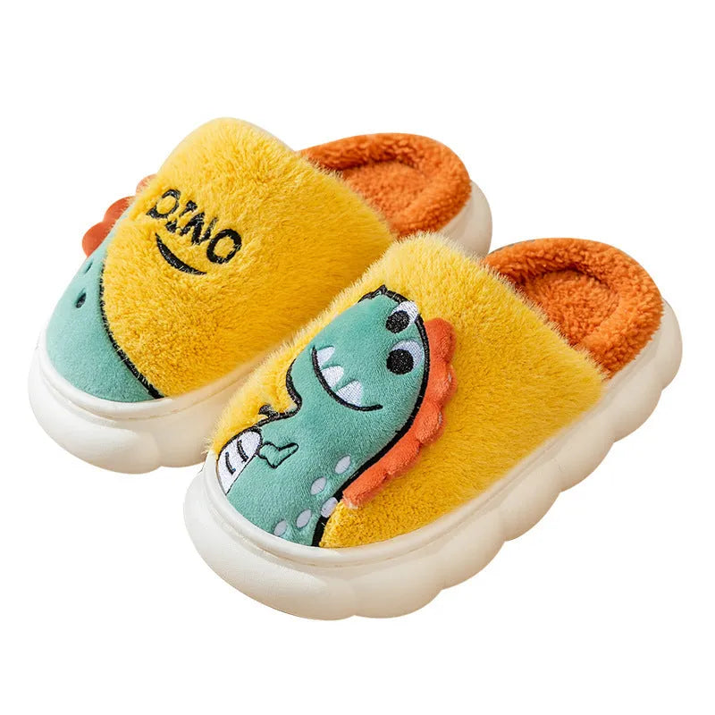 Cotton plush slippers with dinosaur print designs in grey, coffee, and orange colours for indoor couple wear